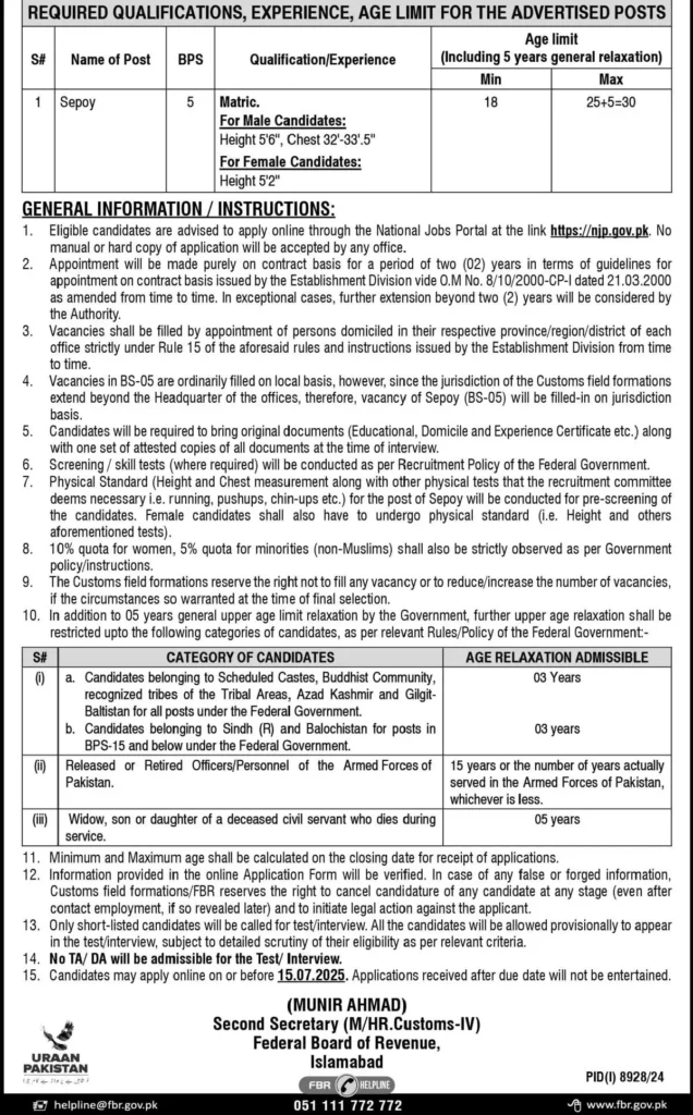 FBR Customs Sepoy Jobs
