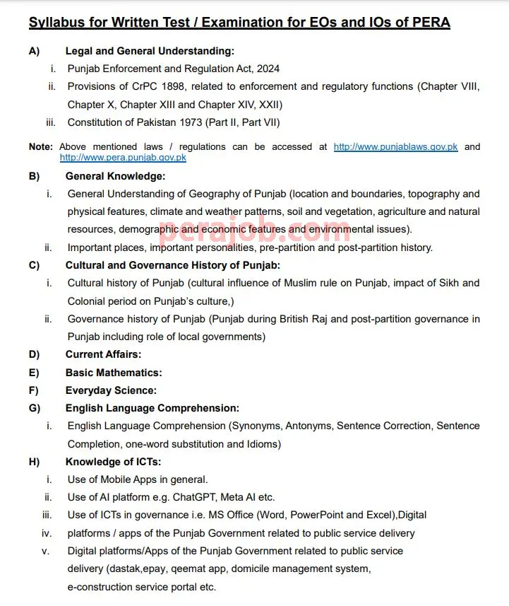 PPSC Written Test Syllabus for PERA Jobs 2025