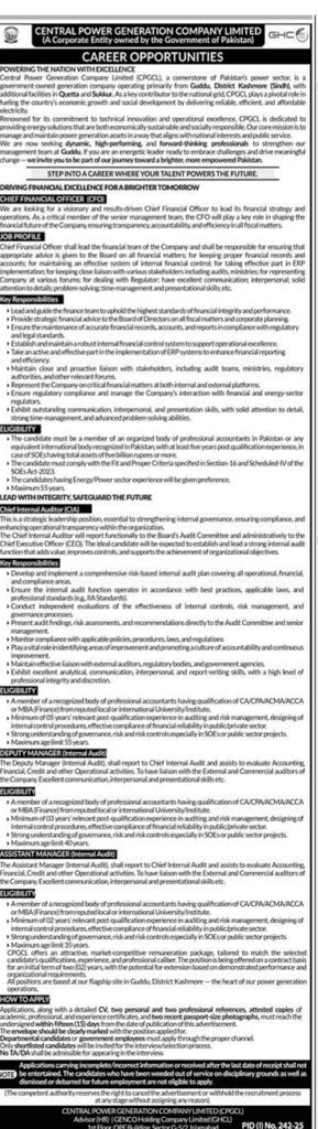Central Power Generation Company Jobs advertisement 2025 at Guddu
