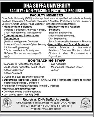 Teaching & Non Teaching Jobs 2025 in DHA Suffa University DSU