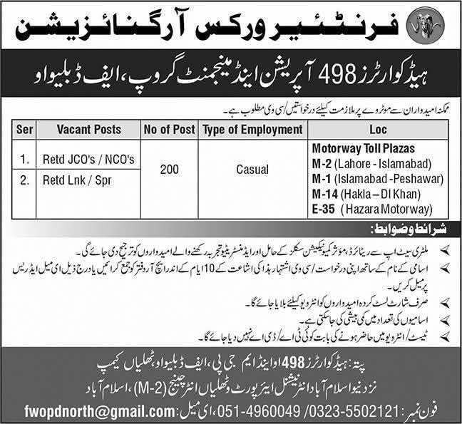 FWO Frontier Works Organization Jobs 2025 for Retired Army Person