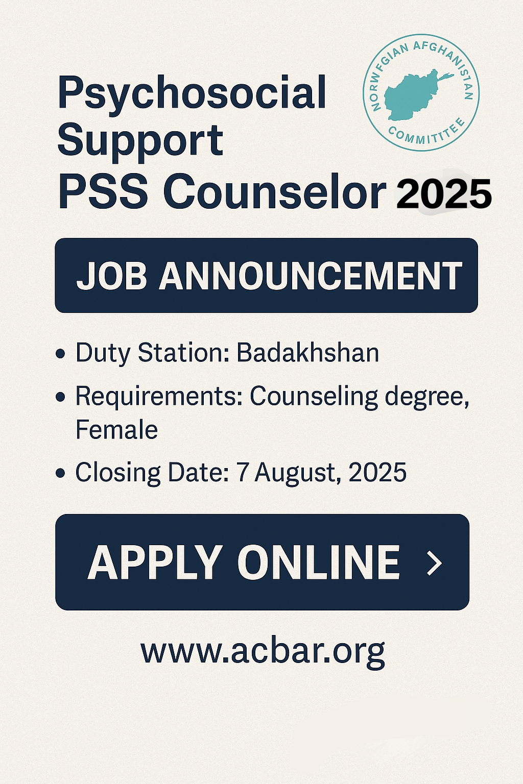 Job poster for the Psychosocial Support (PSS) Councilor position at Afghan Red Crescent, published on ACBAR.org, with deadline 07 August 2025.