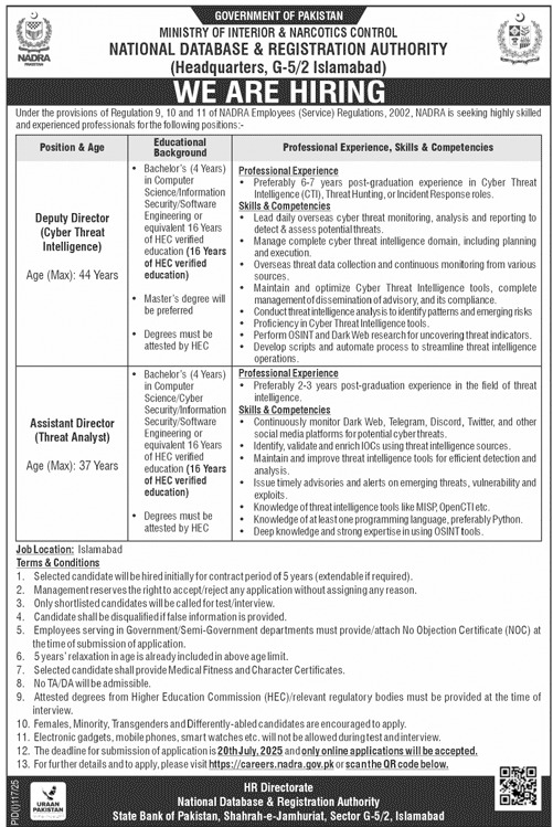 Deputy & Assistant Director Jobs 2025 in NADRA for Bachelor