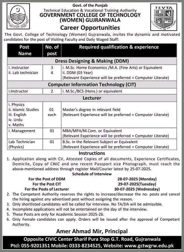 Instructor & Lecturer Jobs 2025 in Govt College of Technology Women Gujranwala