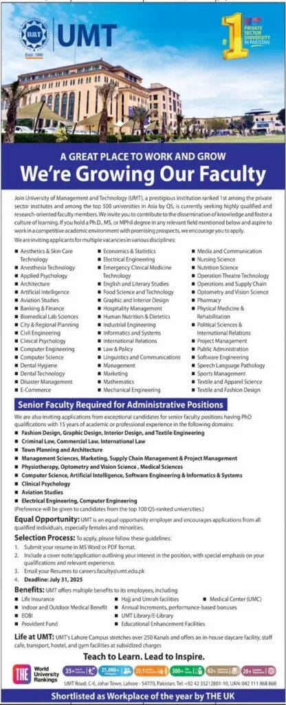 Lecturers Jobs 2025 University of Management and Technology UMT