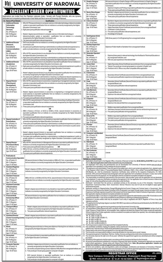 Non Teaching Staff Jobs 2025 in University of Narowal