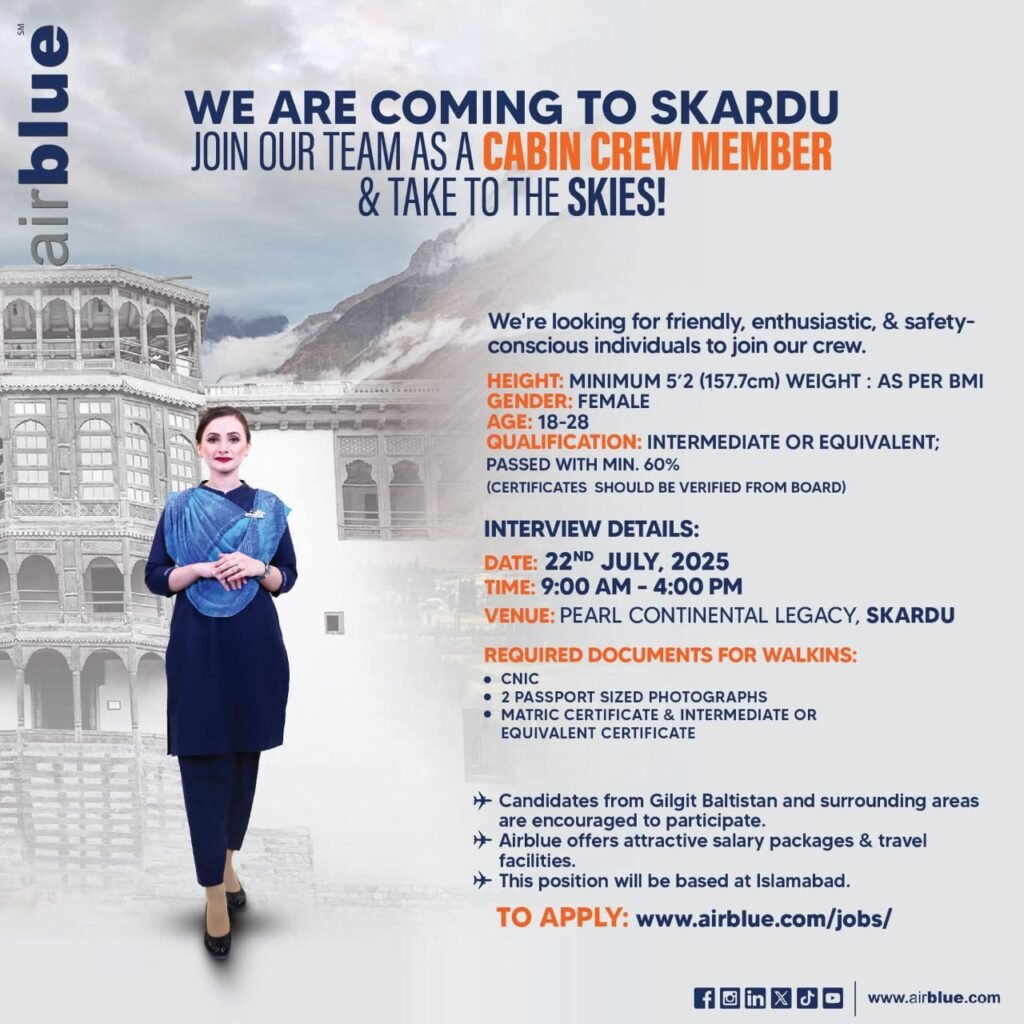 Cabin Crew Jobs 2025 in Airblue Airline
