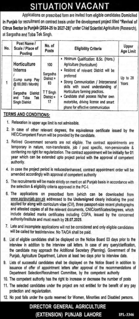 Horticulture Interns Jobs 2025 in Chief Scientist Agriculture at Sargodha & T.T Singh