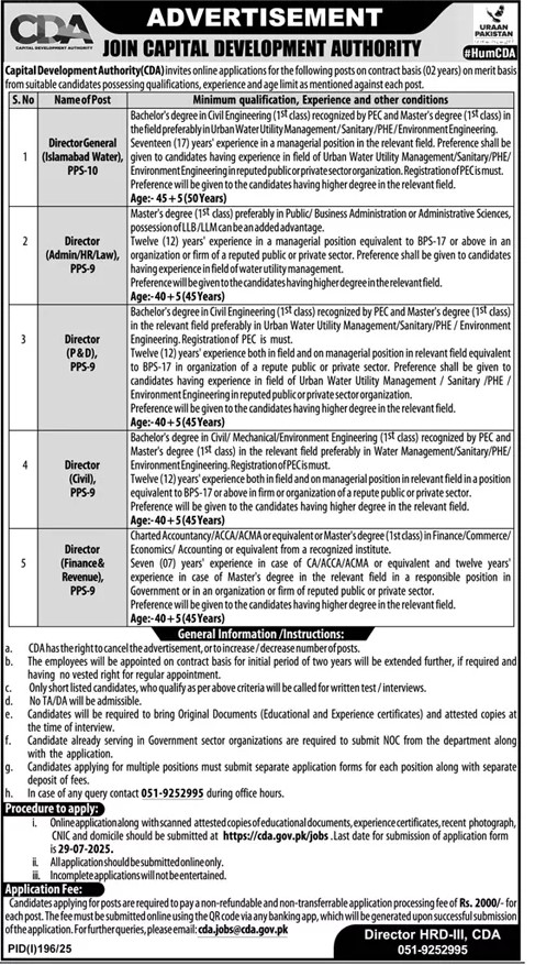 Director & Director General Jobs 2025 in CDA Capital Development Authority
