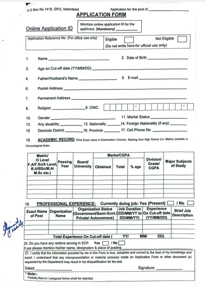 ECP Assistant Election Commission Job Application Form
