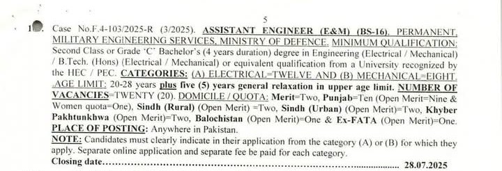 FPSC Assistant Engineer Jobs 2025 in Military Engineering Services Ministry of Defence