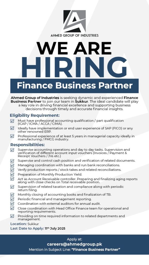 Finance Business Partner Jobs 2025 in Ahmed Group of Industries