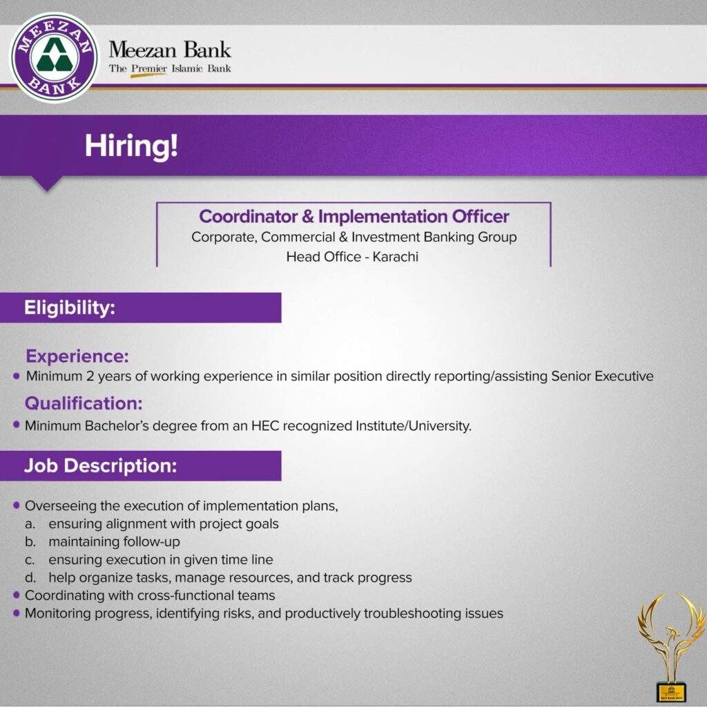 Coordinator & Implementation Officer Jobs 2025 in Meezan Bank