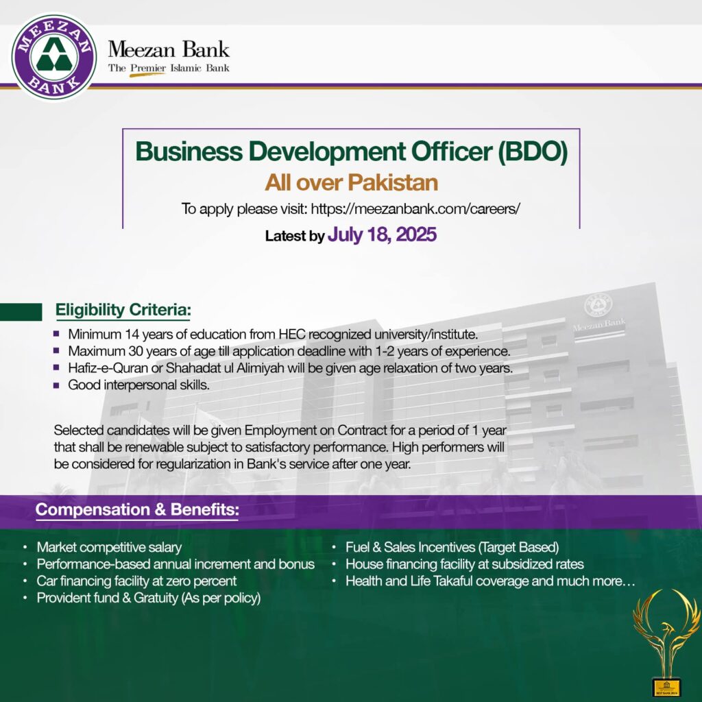 Business Development Officer BDO Jobs 2025 in Meezan Bank for Graduate