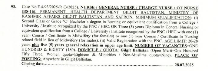 Nursing Jobs in Health Department Gilgit Baltistan by FPSC 2025