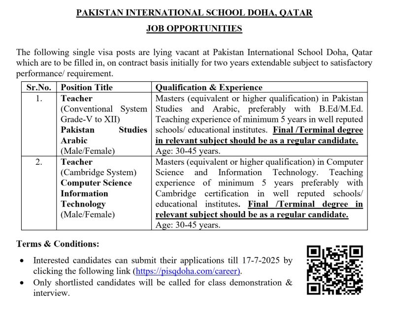 Pakistan International School Doha Qatar Teaching Jobs 2025