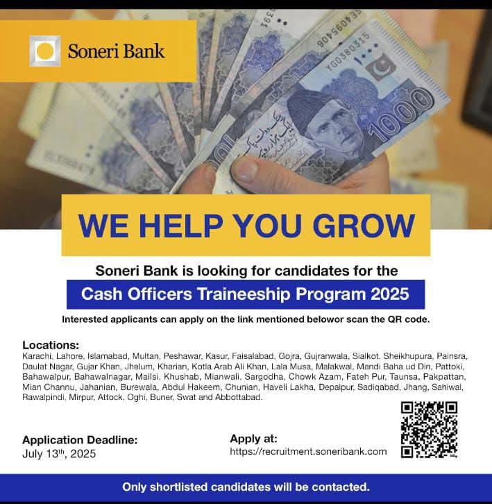 Cash Officer Jobs 2025 at Soneri Bank for Graduates