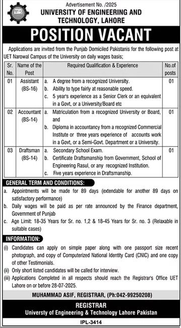 Assistant & Accountant Jobs 2025 at UET Lahore