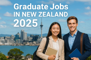 Graduate Jobs in New Zealand 2025 – Young professionals in Auckland cityscape background