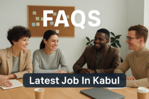 Realistic office teamwork photo showing professional staff working together, used in the FAQs section of Latest Job in Kabul 2025.