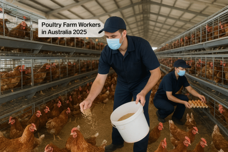 Poultry farm workers in Australia 2025 feeding chickens on modern farm.