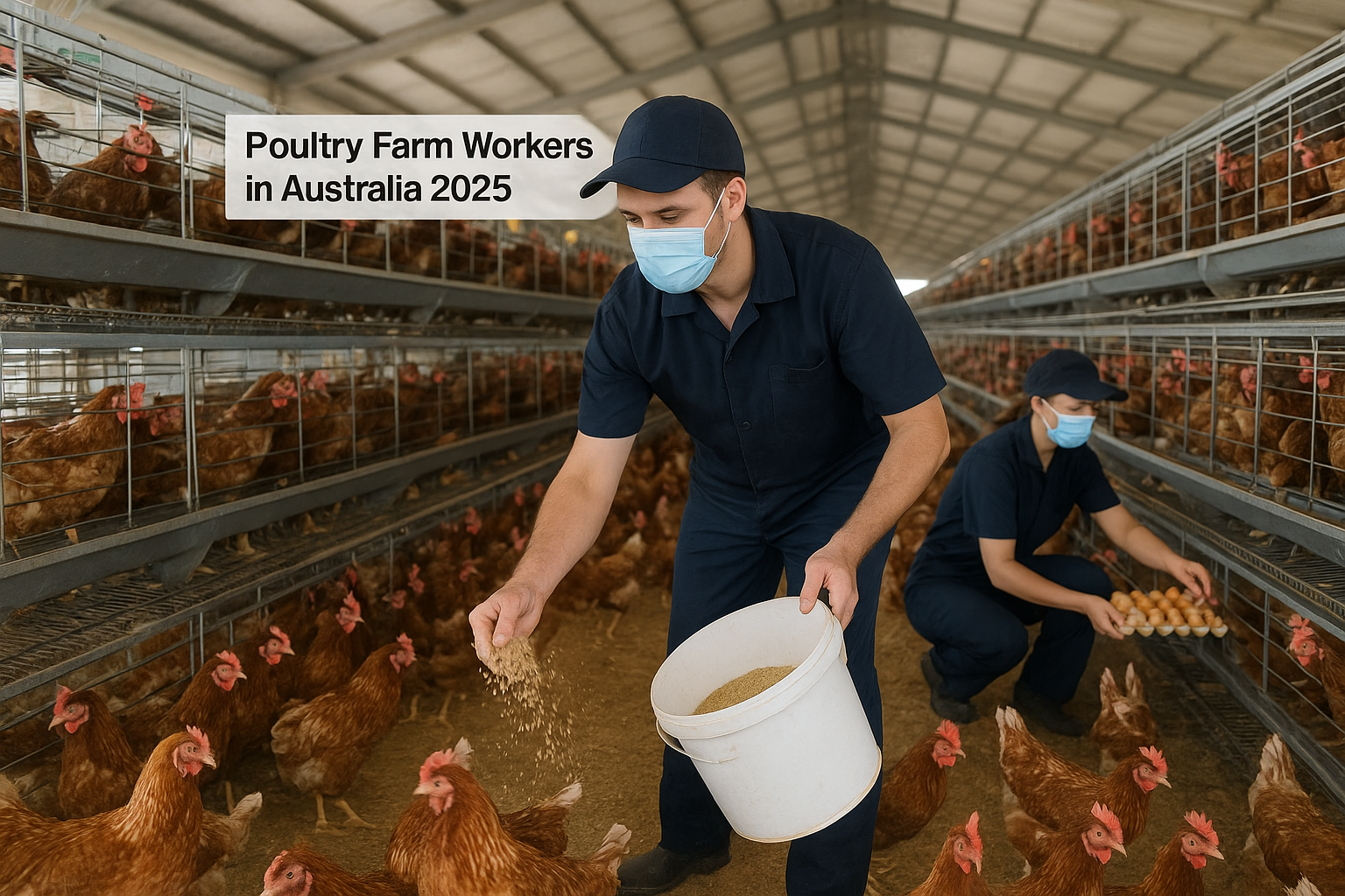 Poultry farm workers in Australia 2025 feeding chickens on modern farm.